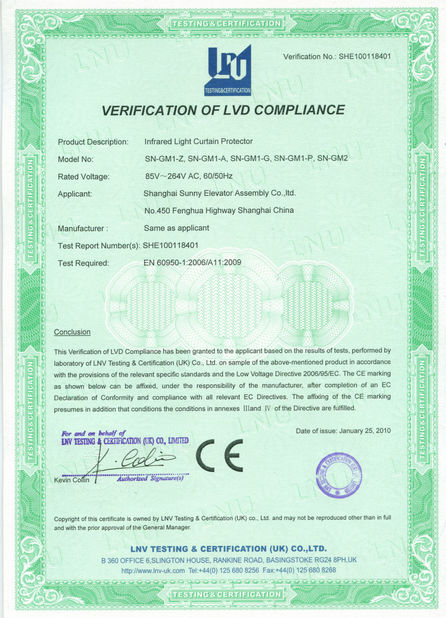 CHINA SHANGHAI SUNNY ELEVATOR CO.,LTD Certificaten